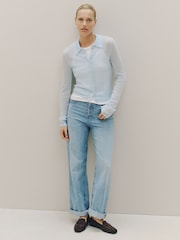 أزرق فاتح - Sheer Knitted Long Sleeve Collared Shirt - صورة 2 من 9