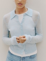 أزرق فاتح - Sheer Knitted Long Sleeve Collared Shirt - صورة 3 من 9