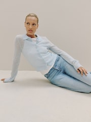 أزرق فاتح - Sheer Knitted Long Sleeve Collared Shirt - صورة 4 من 9