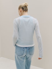 أزرق فاتح - Sheer Knitted Long Sleeve Collared Shirt - صورة 5 من 9
