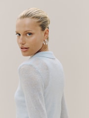 أزرق فاتح - Sheer Knitted Long Sleeve Collared Shirt - صورة 6 من 9