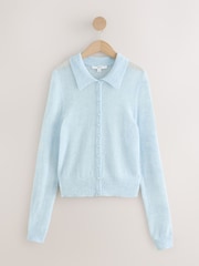 أزرق فاتح - Sheer Knitted Long Sleeve Collared Shirt - صورة 7 من 9