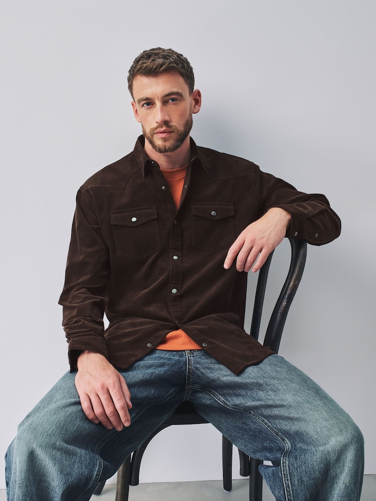 Chocolate Brown Cord Western Styling Long Sleeve Shirt - Image 1 of 9