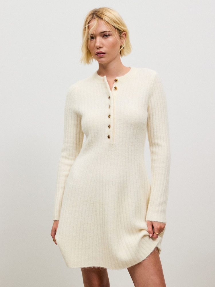 Ecru Ribbed Knit Henley Mini Dress - Image 2 of 7 Ecru Ribbed Knit Henley Mini Dress - Image 2 of 7