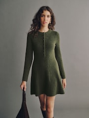 Khaki Green Ribbed Knit Henley Mini Dress - Image 1 of 6