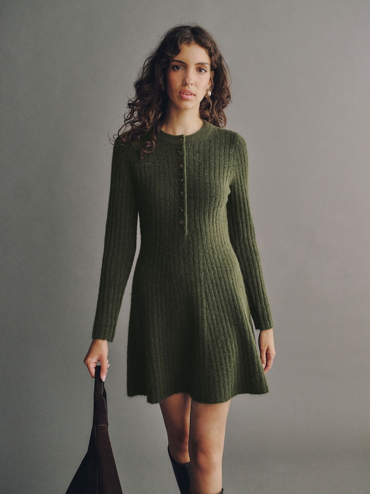Khaki Green Ribbed Knit Henley Mini Dress - Image 1 of 6 Khaki Green Ribbed Knit Henley Mini Dress - Image 1 of 6