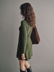 Khaki Green Ribbed Knit Henley Mini Dress - Image 2 of 6