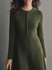 Khaki Green Ribbed Knit Henley Mini Dress - Image 3 of 6
