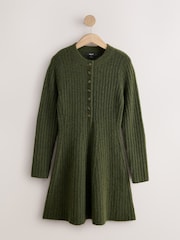 Khaki Green Ribbed Knit Henley Mini Dress - Image 4 of 6