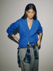 Cobalt Blue Long Sleeve V-Neck Rib Cardigan With Wool - Image 1 of 7