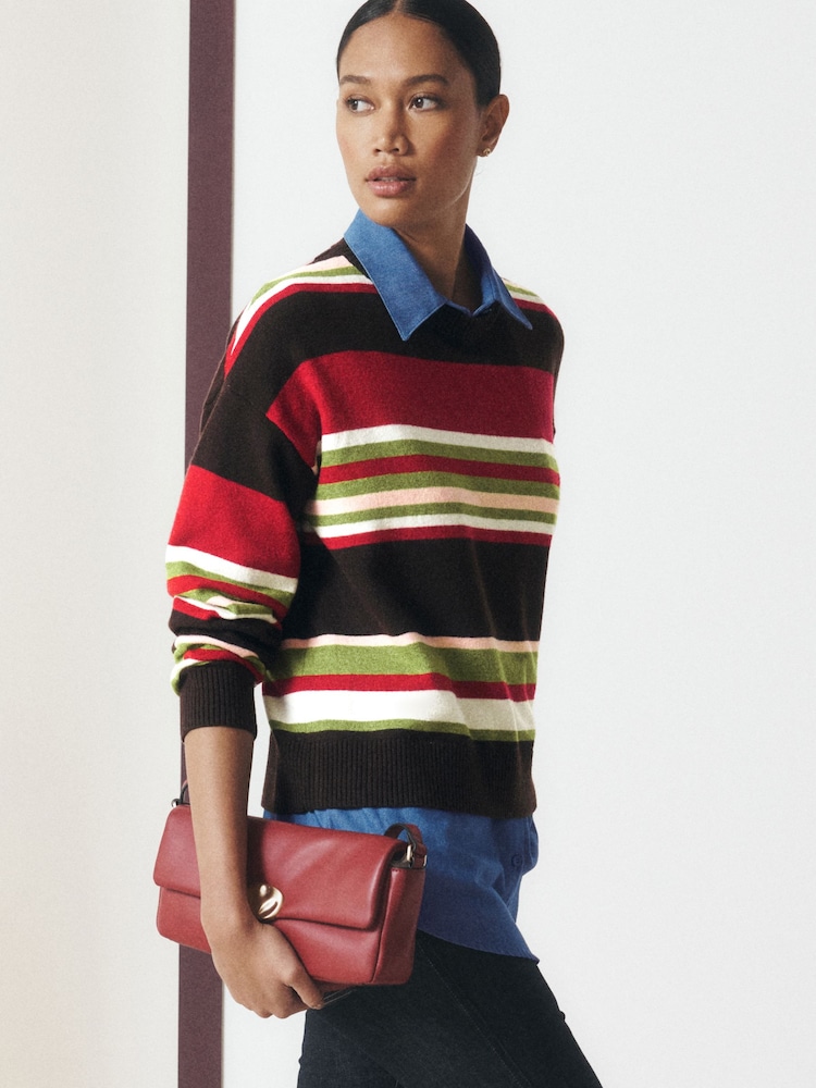 Red/Brown Stripe Supersoft Crew Neck Shirt Layer Jumper - Image 1 of 8 Red/Brown Stripe Supersoft Crew Neck Shirt Layer Jumper - Image 1 of 8
