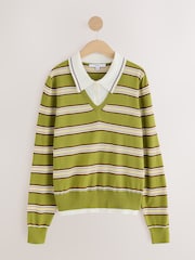 Green/Yellow Stripe Soft Touch Cotton Rich Layer Polo Jumper - Image 3 of 5