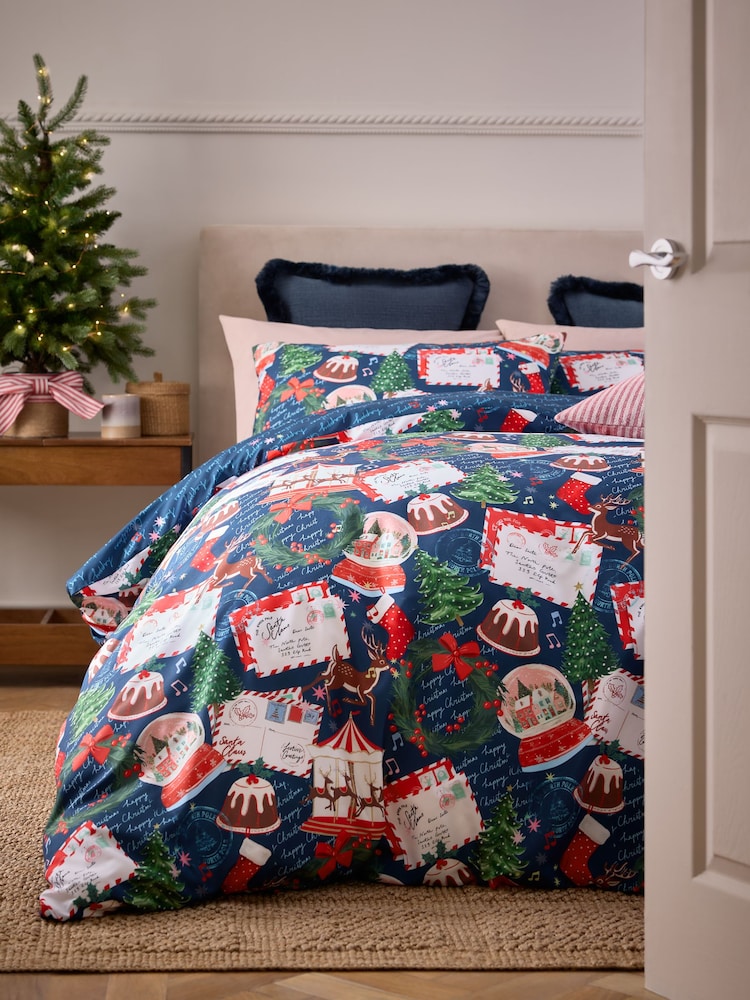 Navy Christmas Postcard Duvet Cover and Pillowcase Set - Image 1 of 6 Navy Christmas Postcard Duvet Cover and Pillowcase Set - Image 1 of 6