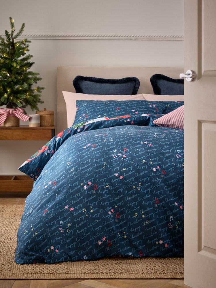 Navy Christmas Postcard Duvet Cover and Pillowcase Set - Image 2 of 6 Navy Christmas Postcard Duvet Cover and Pillowcase Set - Image 2 of 6
