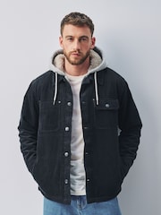 Black Quilted Cord Borg Lined Hoodie Shacket - Image 1 of 13