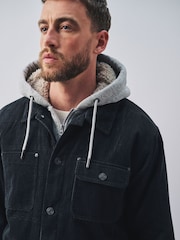 Black Quilted Cord Borg Lined Hoodie Shacket - Image 4 of 13