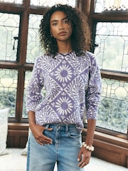 Purple Floral National Trust X Next Long Sleeve Crew Neck Knitted Jumper With Wool - Image 1 of 9