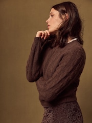 Brun - Pull en tricot torsadé avec col en dentelle - Image 1 de 8