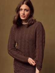 Brun - Pull en tricot torsadé avec col en dentelle - Image 3 de 8