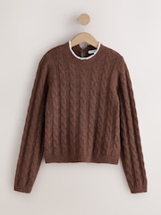 Brun - Pull en tricot torsadé avec col en dentelle - Image 6 de 8