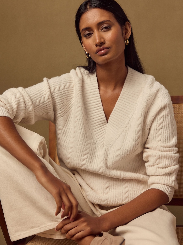 Ecru Supersoft Cable Knit V-Neck Mid Length Jumper - Image 1 of 5