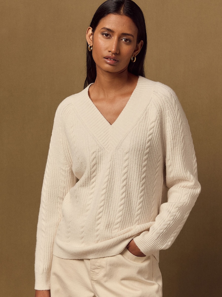Ecru Supersoft Cable Knit V-Neck Mid Length Jumper - Image 2 of 5