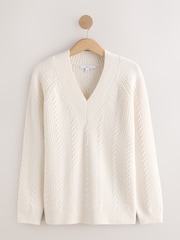 Ekru - Supersoft Cable Knit V-Neck Mid Length Jumper - 6 paveikslėlis iš 8