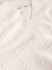 Ekru - Supersoft Cable Knit V-Neck Mid Length Jumper - 8 paveikslėlis iš 8