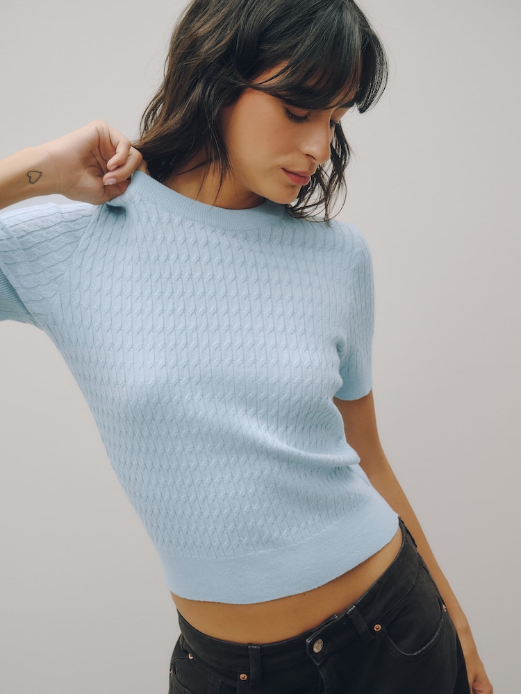 Light Blue Cable Knit Short Sleeve Jumper - Image 1 of 7 Light Blue Cable Knit Short Sleeve Jumper - Image 1 of 7