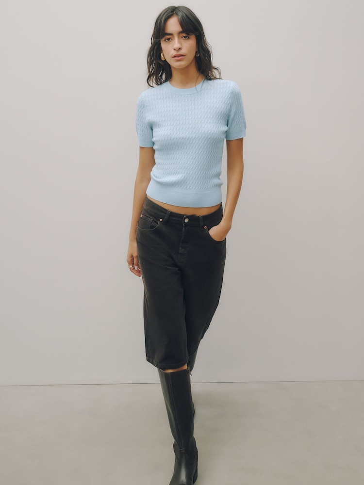 Light Blue Cable Knit Short Sleeve Jumper - Image 2 of 7 Light Blue Cable Knit Short Sleeve Jumper - Image 2 of 7