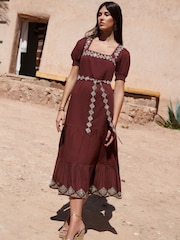 Love & Roses Chocolate Brown Embroidered Square Neck Belted Midi Dress - Image 1 of 4