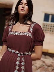 Love & Roses Chocolate Brown Embroidered Square Neck Belted Midi Dress - Image 2 of 4