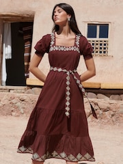 Love & Roses Chocolate Brown Embroidered Square Neck Belted Midi Dress - Image 3 of 4