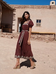 Love & Roses Chocolate Brown Embroidered Square Neck Belted Midi Dress - Image 4 of 4