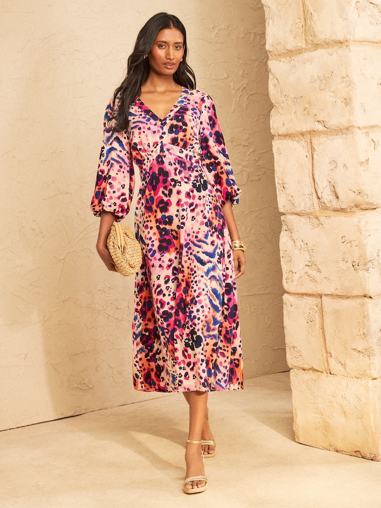 Love & Roses Multi Animal Balloon Sleeve Midi Dress - Image 1 of 5 Love & Roses Multi Animal Balloon Sleeve Midi Dress - Image 1 of 5