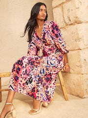 Love & Roses Multi Animal Balloon Sleeve Midi Dress - Image 3 of 5