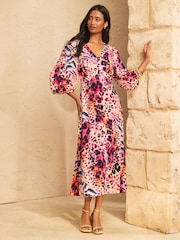 Love & Roses Multi Animal Balloon Sleeve Midi Dress - Image 4 of 5