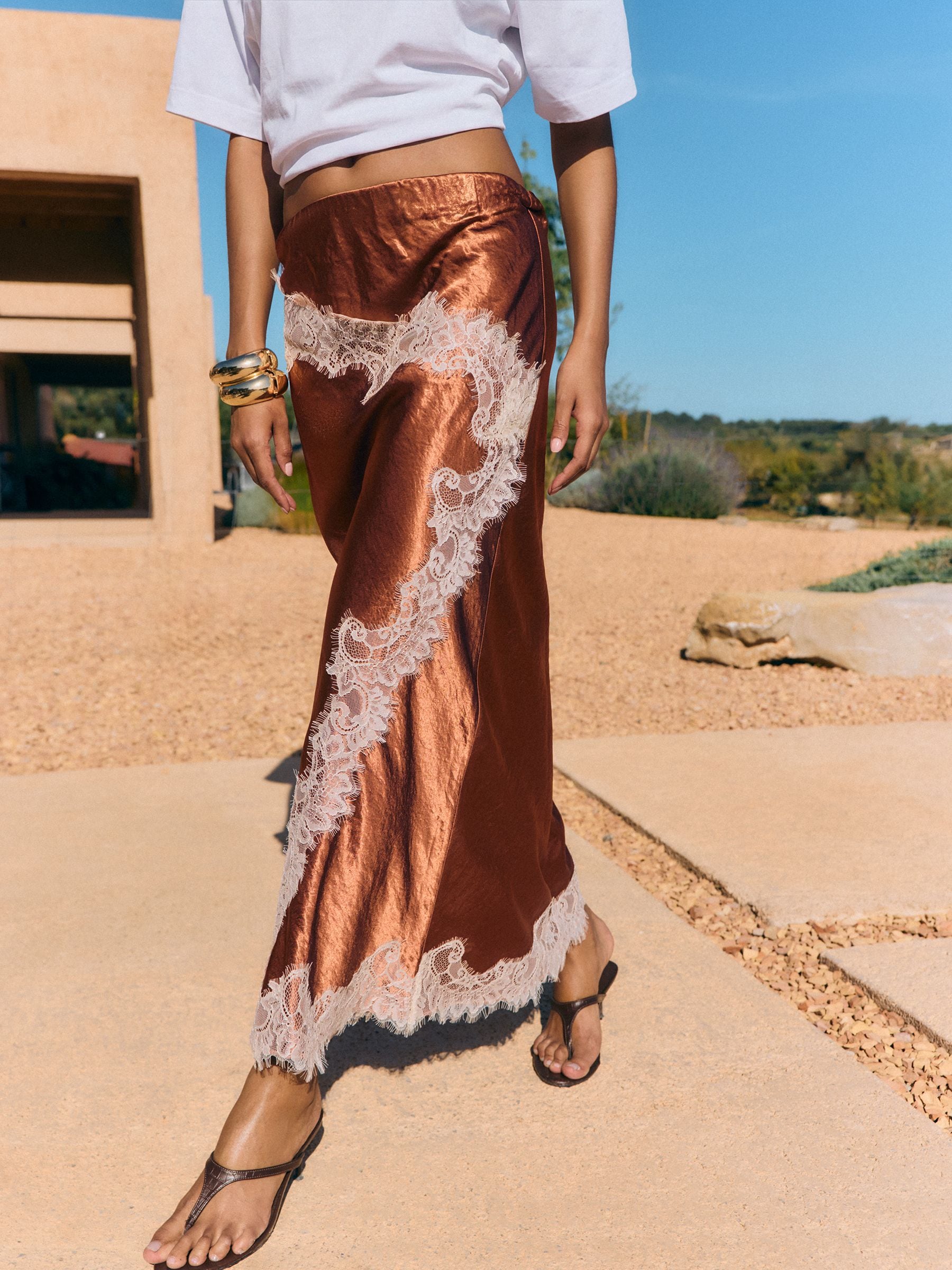 Buy Friends Like These Bronze Asymmetric Lace Hem Satin Midi Skirt