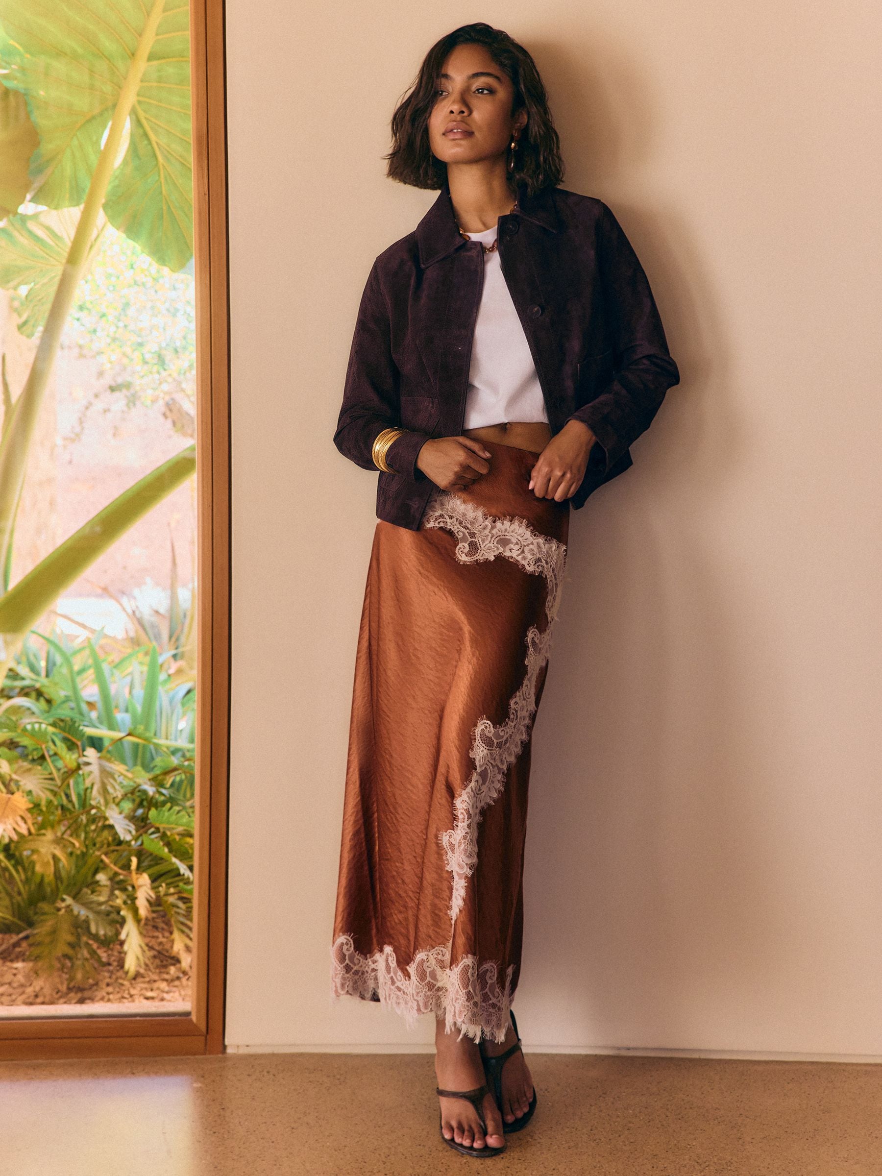 Buy Friends Like These Bronze Asymmetric Lace Hem Satin Midi Skirt