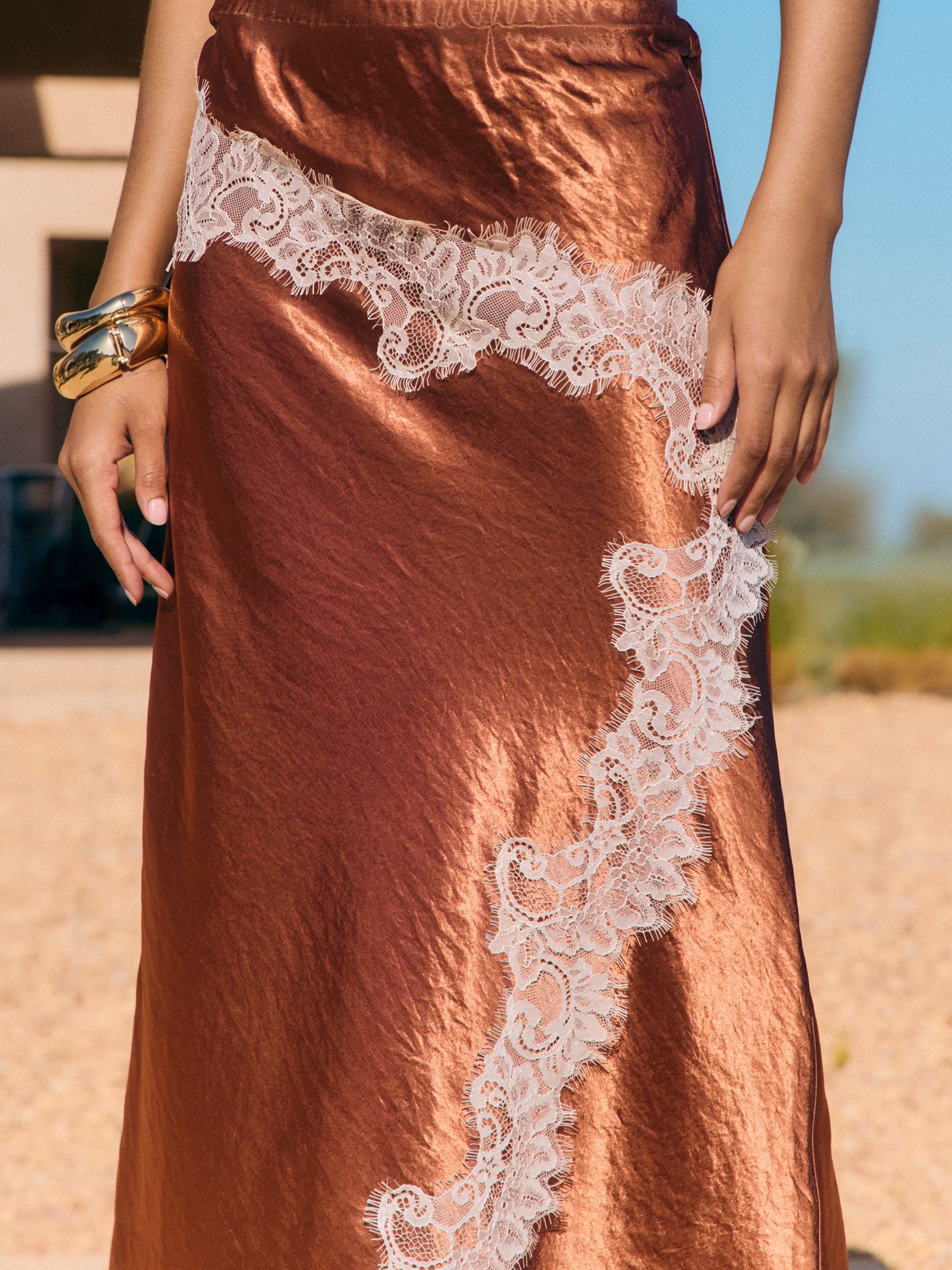 Buy Friends Like These Bronze Asymmetric Lace Hem Satin Midi Skirt