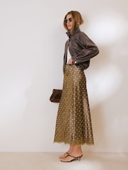 Friends Like These Brown Petite Asymmetric  Lace Hem Satin Midi Skirt - Image 1 of 5