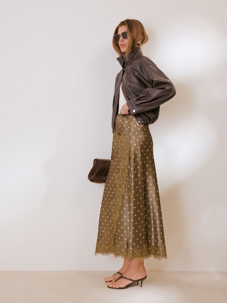 Friends Like These Brown Petite Asymmetric  Lace Hem Satin Midi Skirt - Image 1 of 5