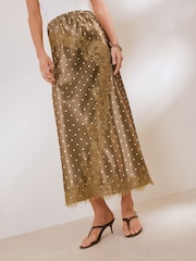 Friends Like These Brown Petite Asymmetric  Lace Hem Satin Midi Skirt - Image 2 of 5