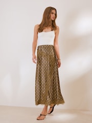 Friends Like These Brown Petite Asymmetric  Lace Hem Satin Midi Skirt - Image 3 of 5