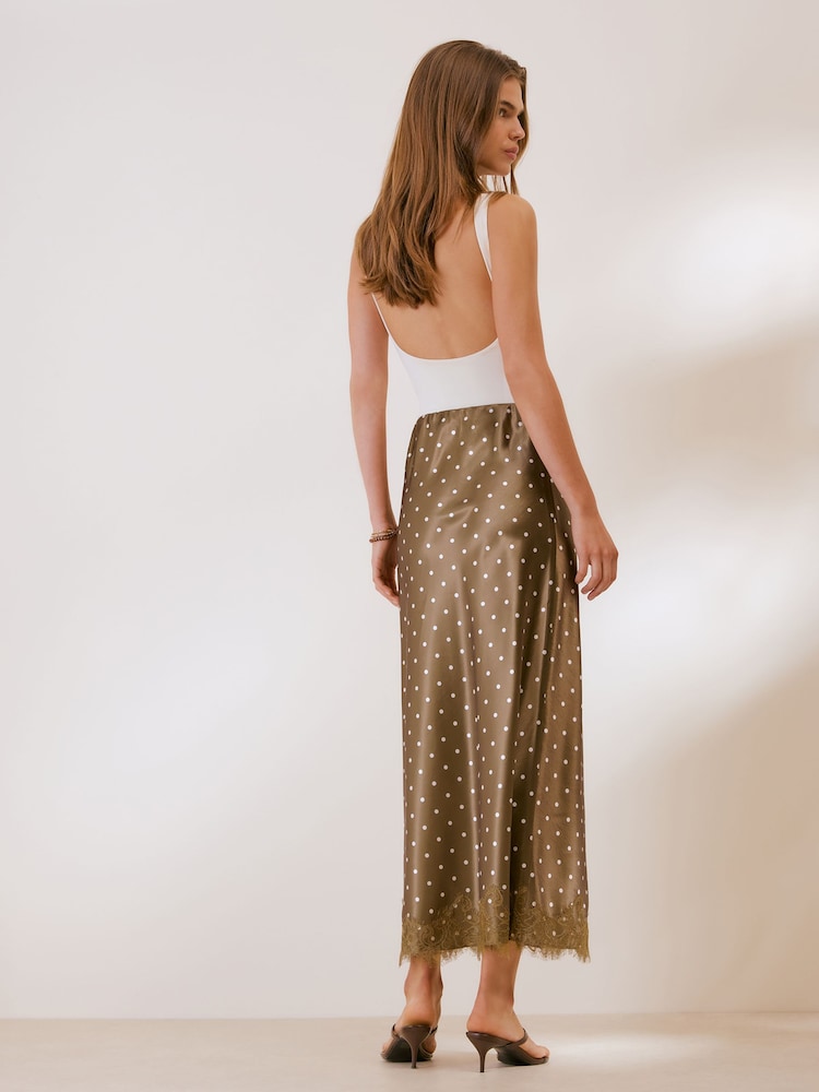 Friends Like These Brown Petite Asymmetric  Lace Hem Satin Midi Skirt - Image 5 of 5