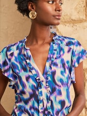 Love & Roses Blue Abstract Flutter Sleeve Blouse - Image 2 of 4