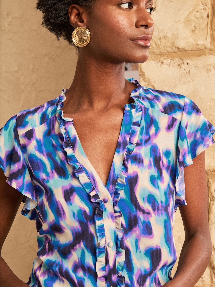 Love & Roses Blue Abstract Flutter Sleeve Blouse - Image 2 of 4