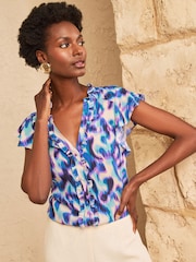 Love & Roses Blue Abstract Flutter Sleeve Blouse - Image 4 of 4