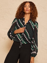 Love & Roses Black Multi Spot Long Sleeve Pussybow Blouse - Image 1 of 4