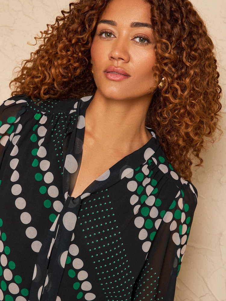 Love & Roses Black Multi Spot Long Sleeve Pussybow Blouse - Image 2 of 4